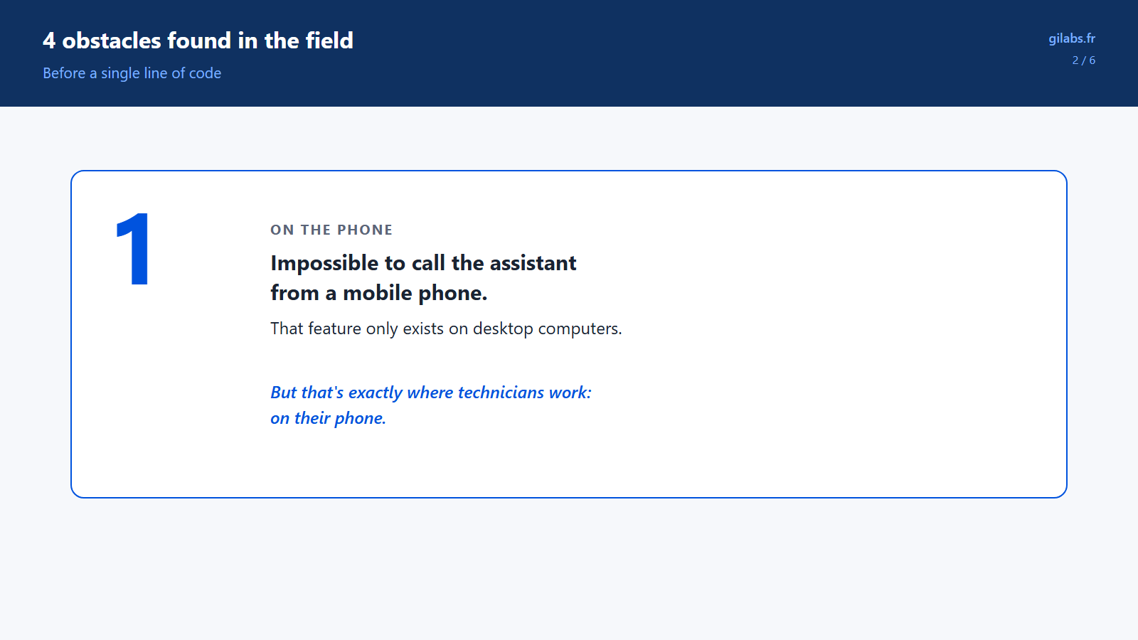 Obstacle 1: impossible to call the assistant from a mobile phone, that feature only exists on desktop