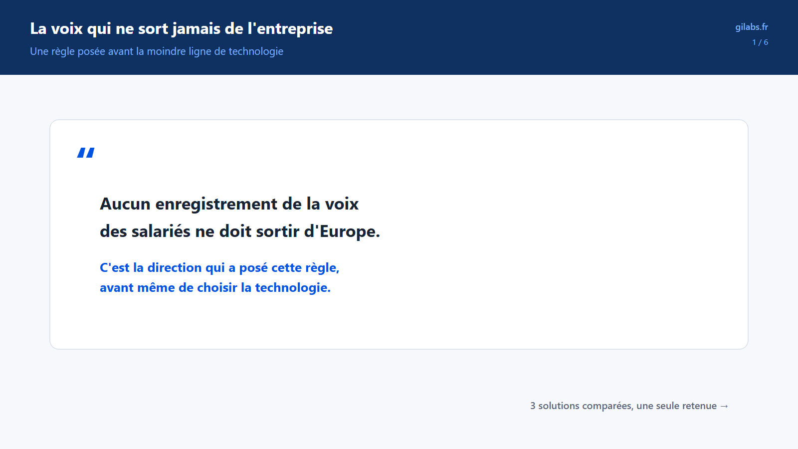 Illustration comparant trois façons de convertir la voix en texte : un service cloud classique, ce même service installé en interne, et un logiciel open source entièrement interne